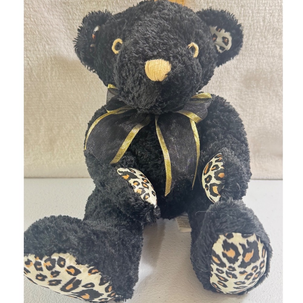 First & Main‎ Junglebears Black Teddy Bear Leopard Print Paws Bow Plush 1383